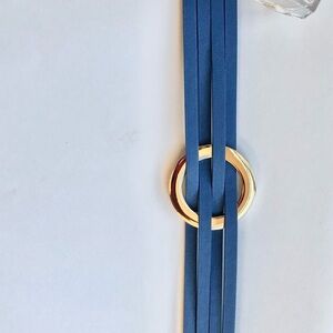 Vintage Criss-Cross Blue PU Leather Bangle - Gold-Tone Alloy Cuff